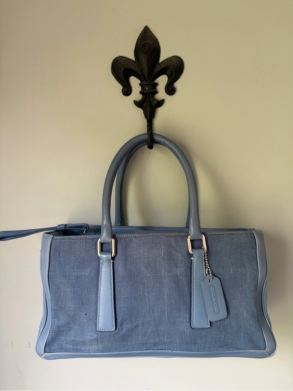 Vintage COACH Bonnie’s Legacy Satchel Tote ~ Blue Linen/ Leather/ Silver ~ 9428